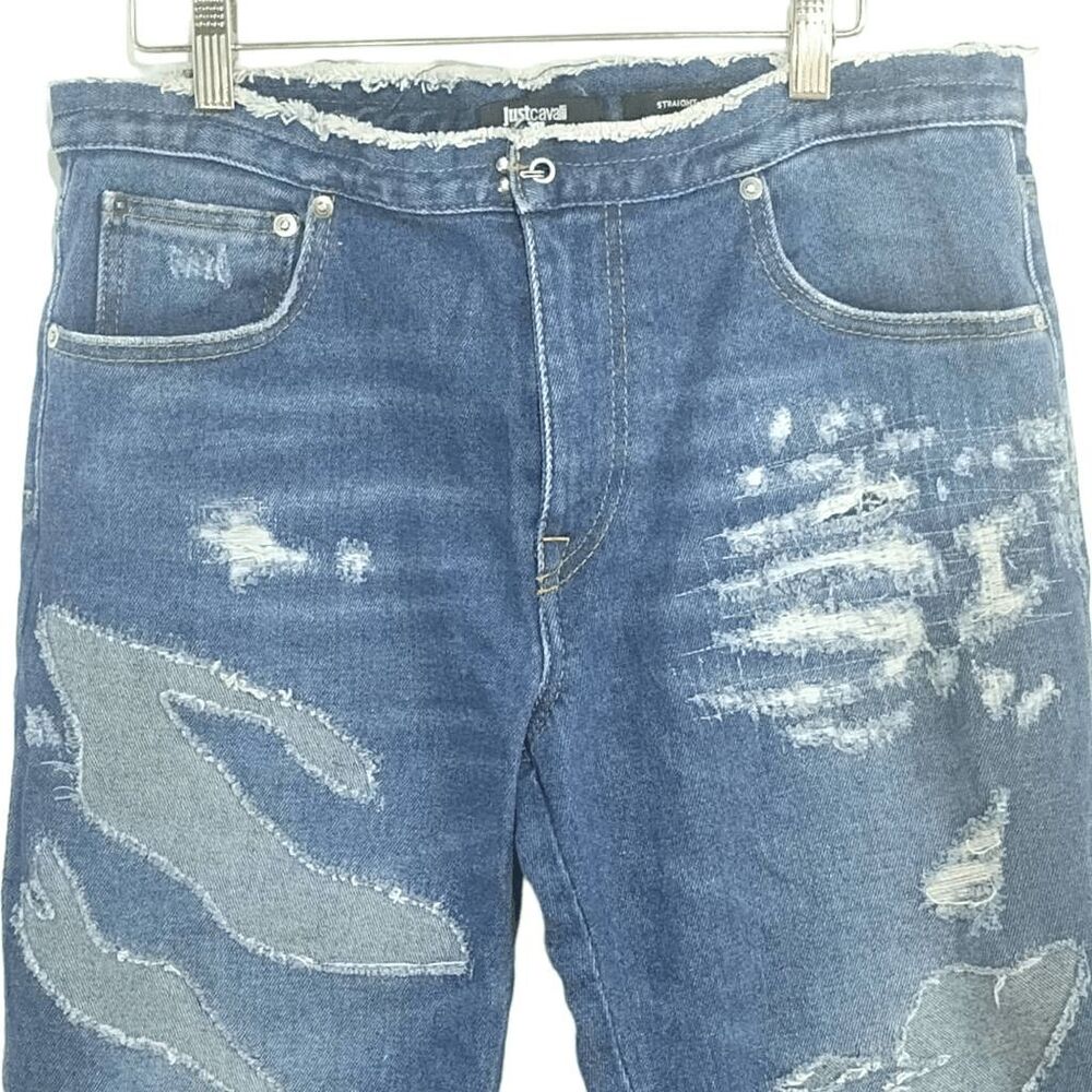 Just Cavalli New York Straight Distressed Patch Jeans Sz 30 - Picture 2 of 11